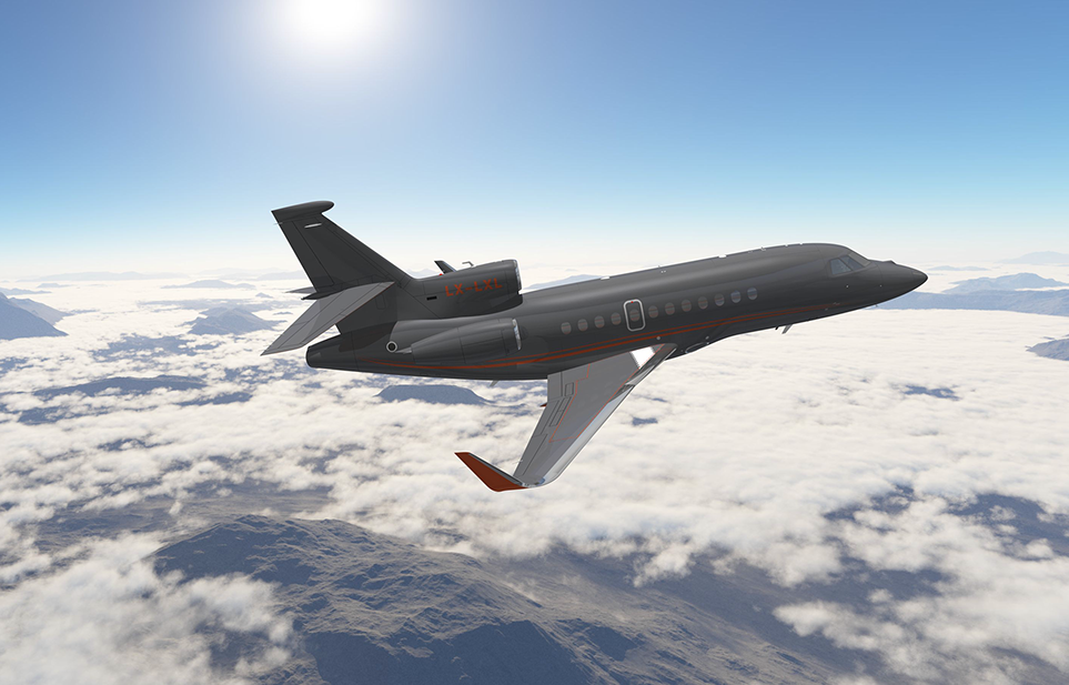 simulation 3D de l'avion gris foncé dans le ciel avec peinture design